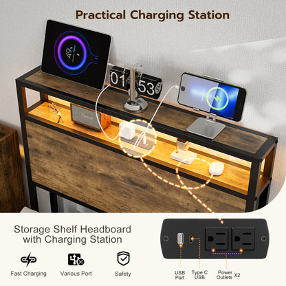 Metal Storage Headboard With RGB LED Light & Charging Station