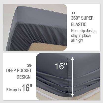 Bed Sheet Set-4 Piece 16” Deep Pocket, Ultra Soft Breathable Silky Bedding Sheets & Pillowcases-Grey