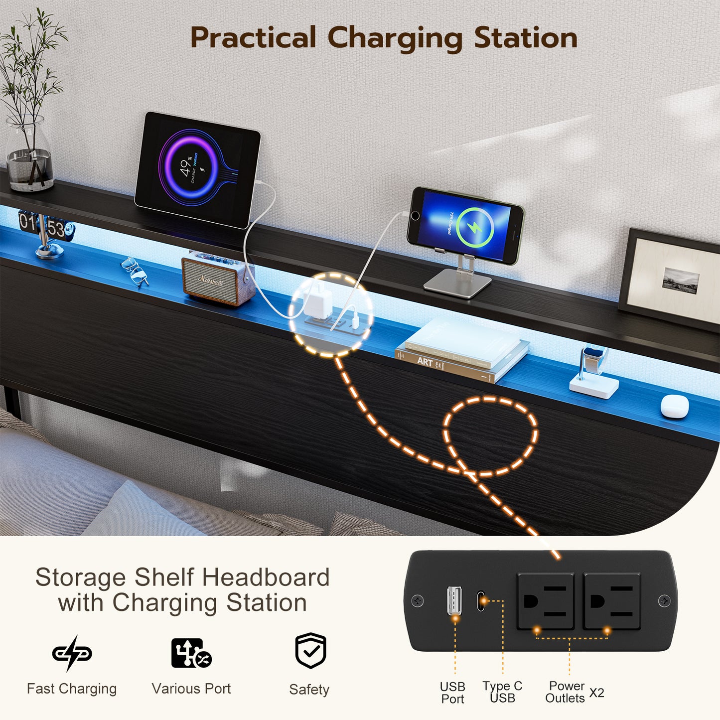 Metal Storage Headboard With RGB LED Light & Charging Station