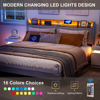 LED Bed Frame with Charging Station & Storage Shelf Upholstered Headboard,No Box Spring Needed