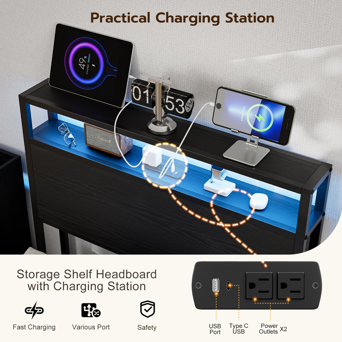 Metal Storage Headboard With RGB LED Light & Charging Station