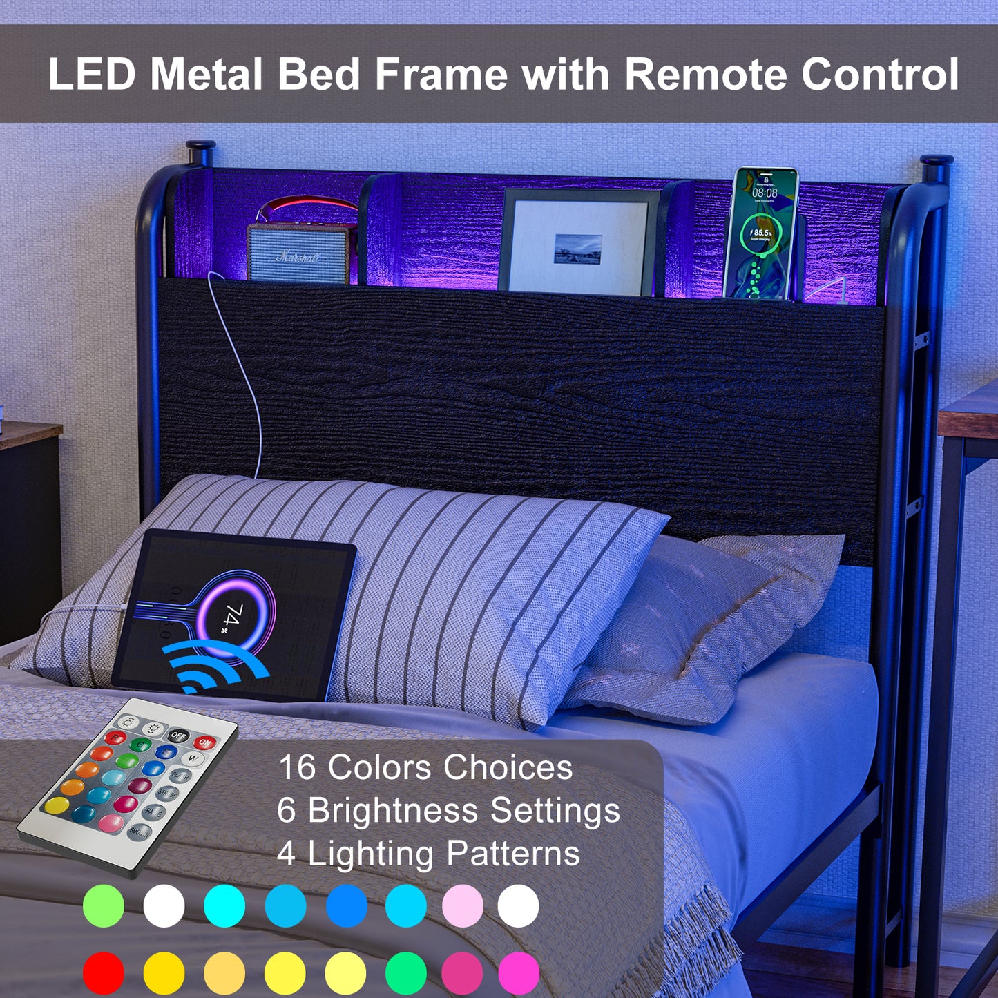 LED Bed Frame with Storage Shelf Headboard & Charging Station with Strong Steel Slats No Box Spring