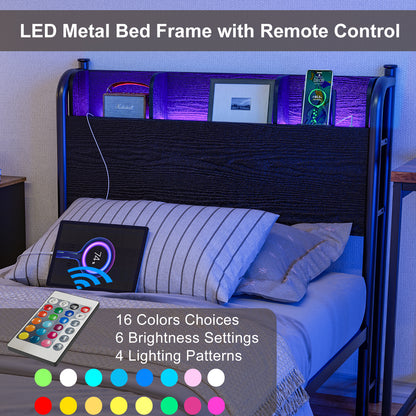LED Bed Frame with Storage Shelf Headboard & Charging Station with Strong Steel Slats No Box Spring