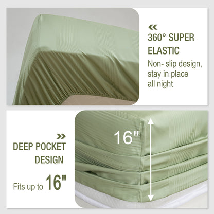Bed Sheet Set-4 Piece 16” Deep Pocket, Striped Jacquard Ultra Soft Breathable Silky Bedding Sheets & Pillowcases-Green