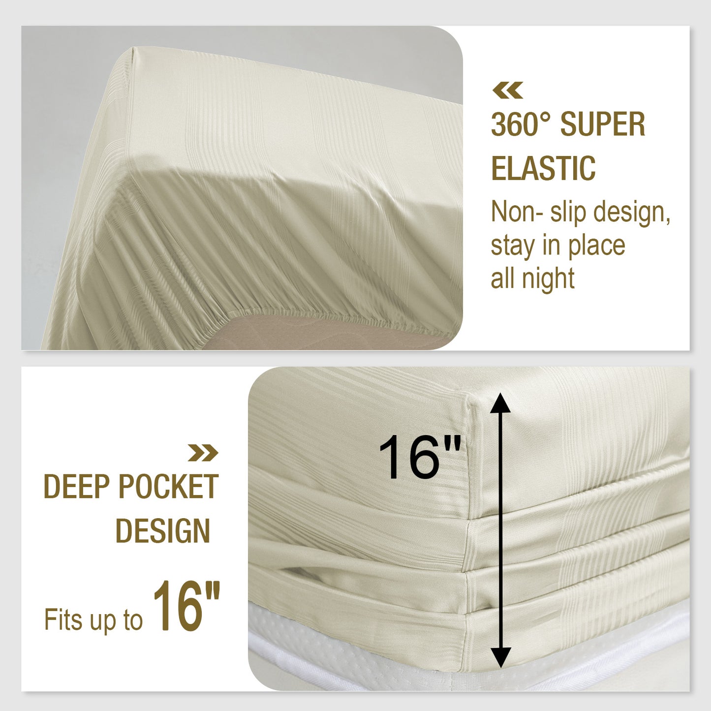 Bed Sheet Set-4 Piece 16” Deep Pocket, Striped Jacquard Ultra Soft Breathable Silky Bedding Sheets & Pillowcases-Beige