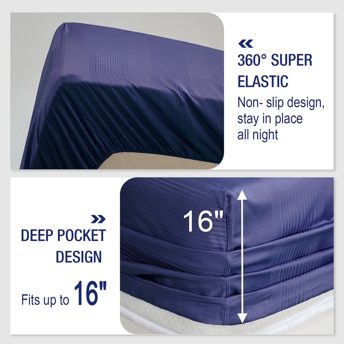 Bed Sheet Set-4 Piece 16” Deep Pocket, Striped Jacquard Ultra Soft Breathable Silky Bedding Sheets & Pillowcases-Dark Blue