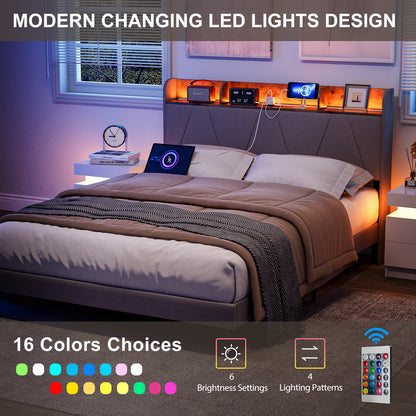 LED Bed Frame with Charging Station & Storage Shelf Upholstered Headboard,No Box Spring Needed