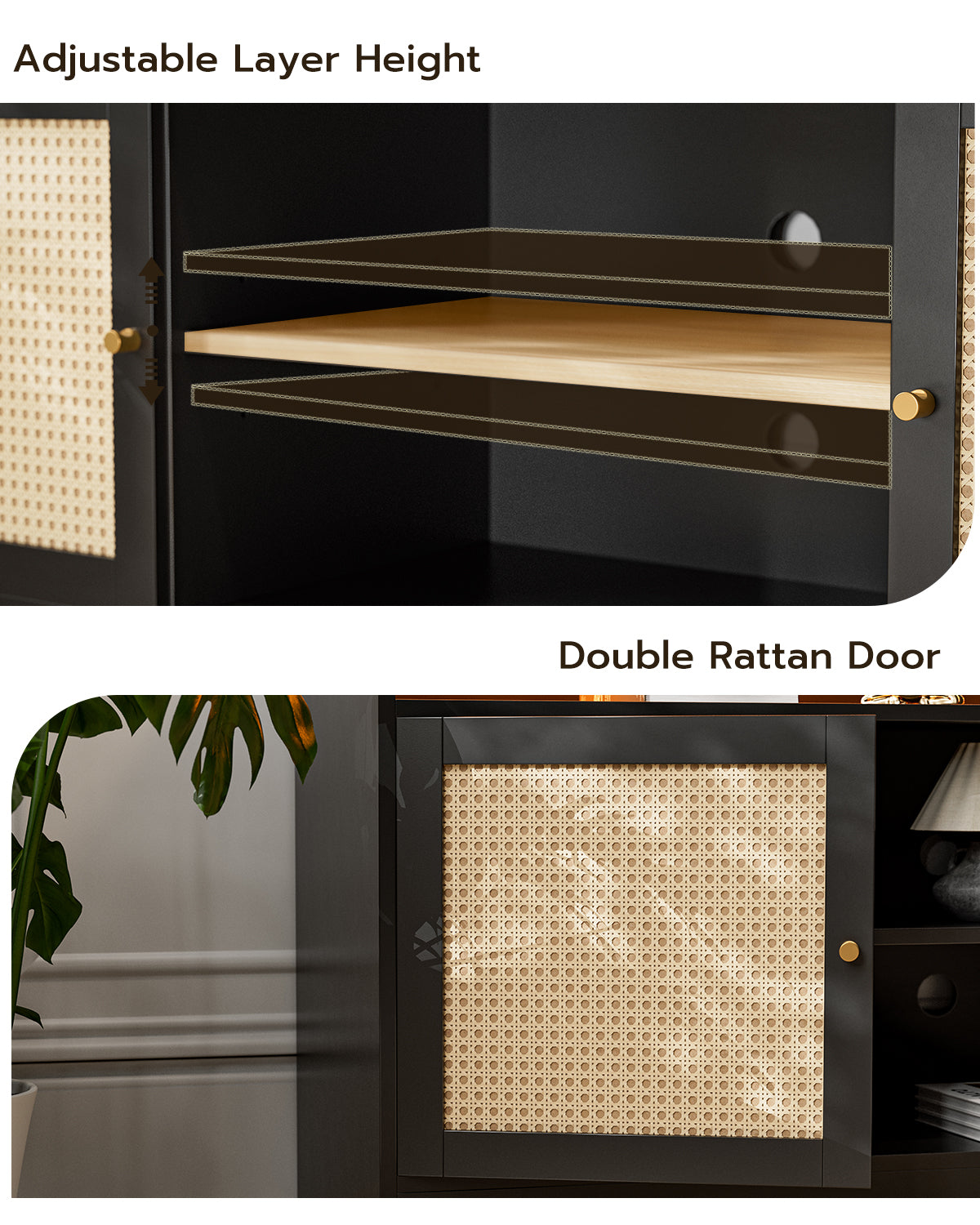 LED Rattan TV Stand for 65 Inch TV, Multifunctional Cabinet with 2 Natural Rattan Doors and LED Lights