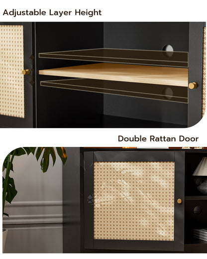 LED Rattan TV Stand for 65 Inch TV, Multifunctional Cabinet with 2 Natural Rattan Doors and LED Lights