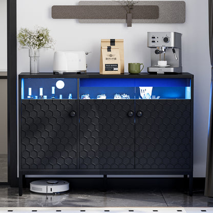 LED Buffet Cabinet with Power Outlet,3 Doors Sideboard Cabinet Table