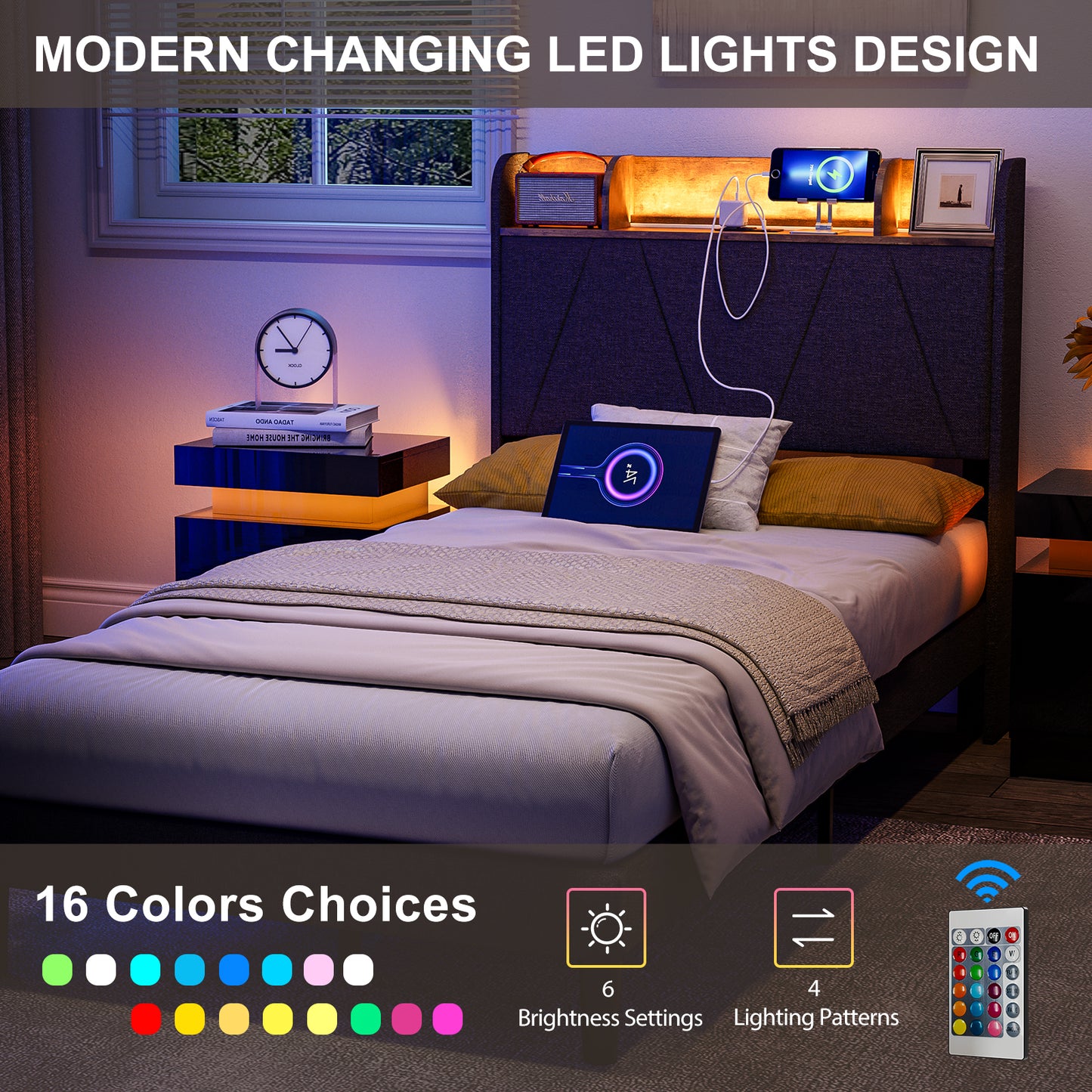 LED Bed Frame with Charging Station & Storage Shelf Upholstered Headboard,No Box Spring Needed