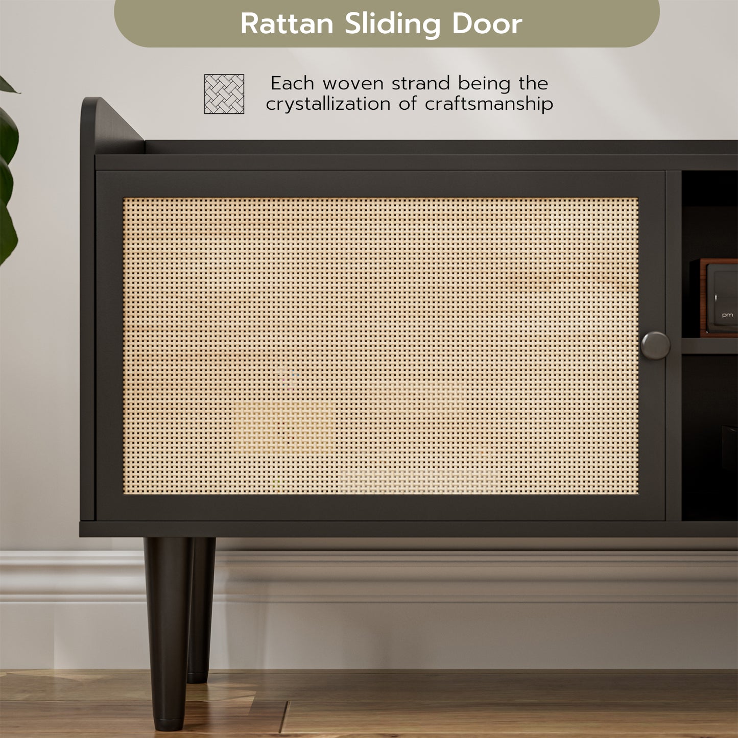 Rattan TV Stand 75 Inch TV with 2 Natural Rattan Drawers