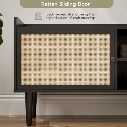 Rattan TV Stand 75 Inch TV with 2 Natural Rattan Drawers