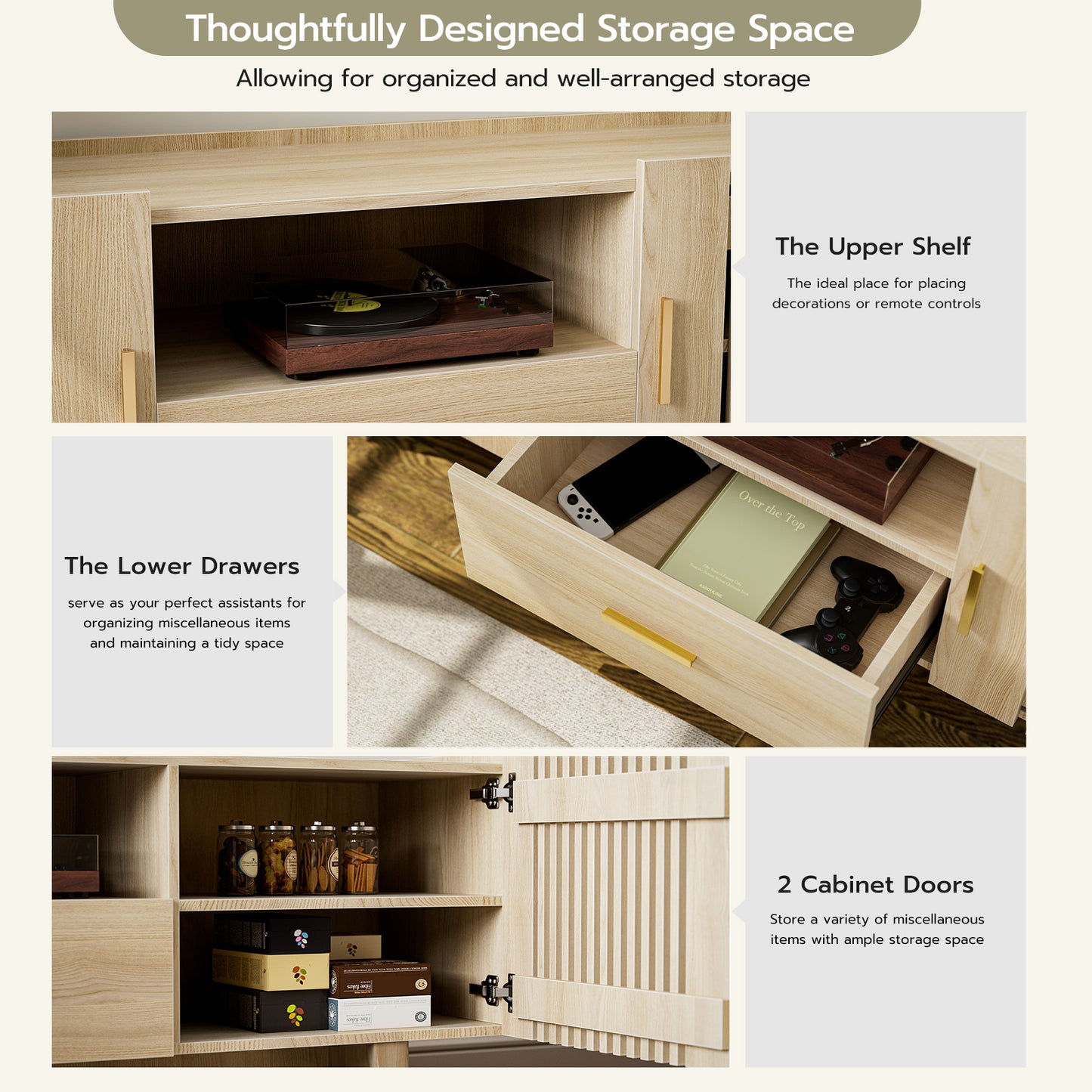 Fluted TV Stand for 75 Inch TV, with Drawer & 2 Cabinet Doors