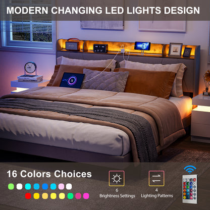 LED Bed Frame with Charging Station & Storage Shelf Upholstered Headboard,No Box Spring Needed