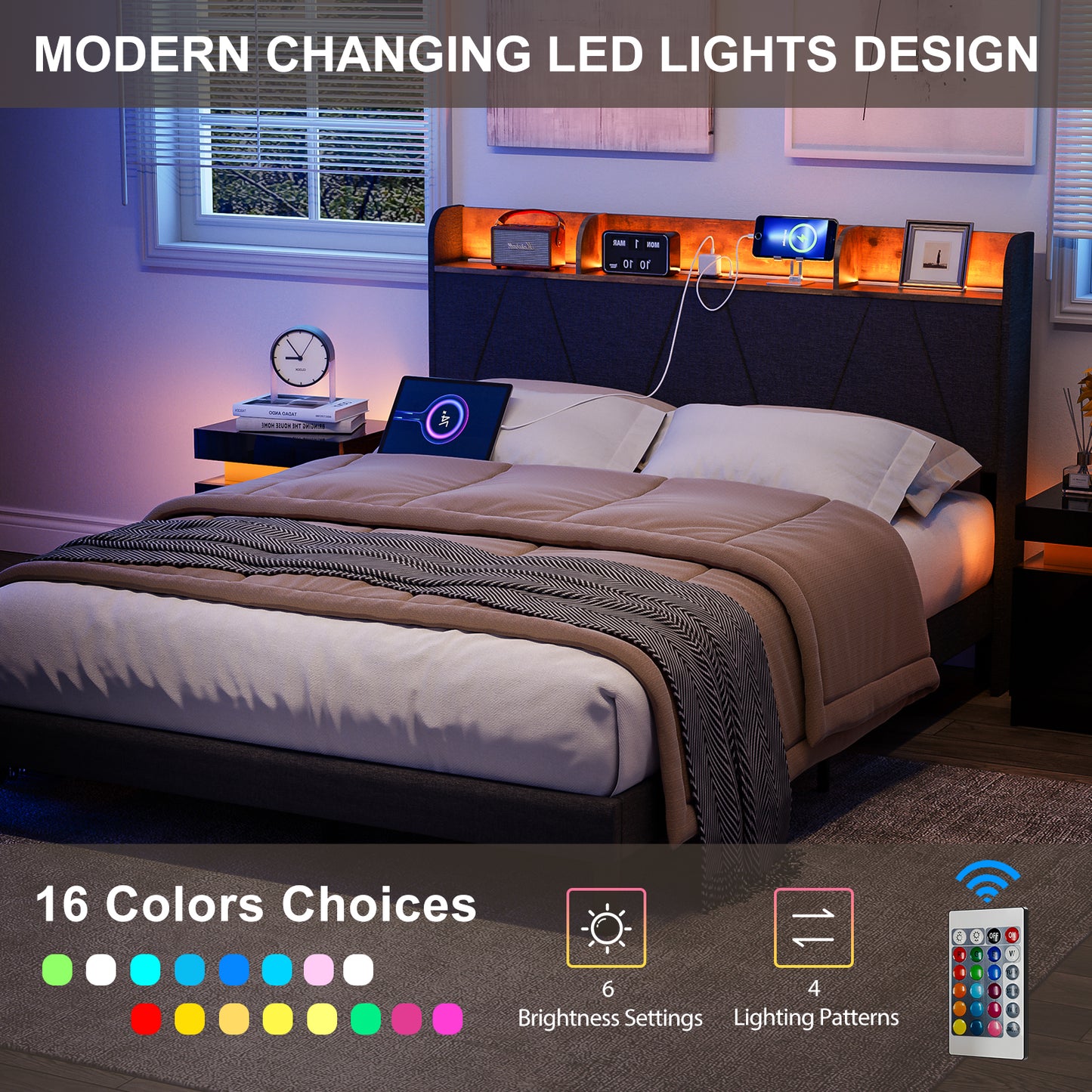 LED Bed Frame with Charging Station & Storage Shelf Upholstered Headboard,No Box Spring Needed