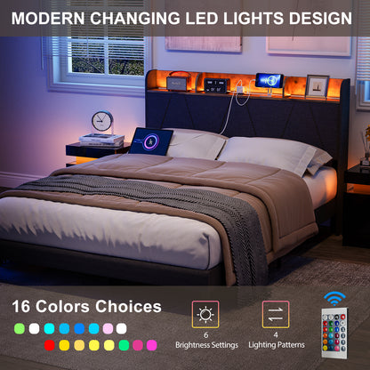 LED Bed Frame with Charging Station & Storage Shelf Upholstered Headboard,No Box Spring Needed
