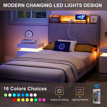 LED Bed Frame with Charging Station & Storage Shelf Upholstered Headboard,No Box Spring Needed