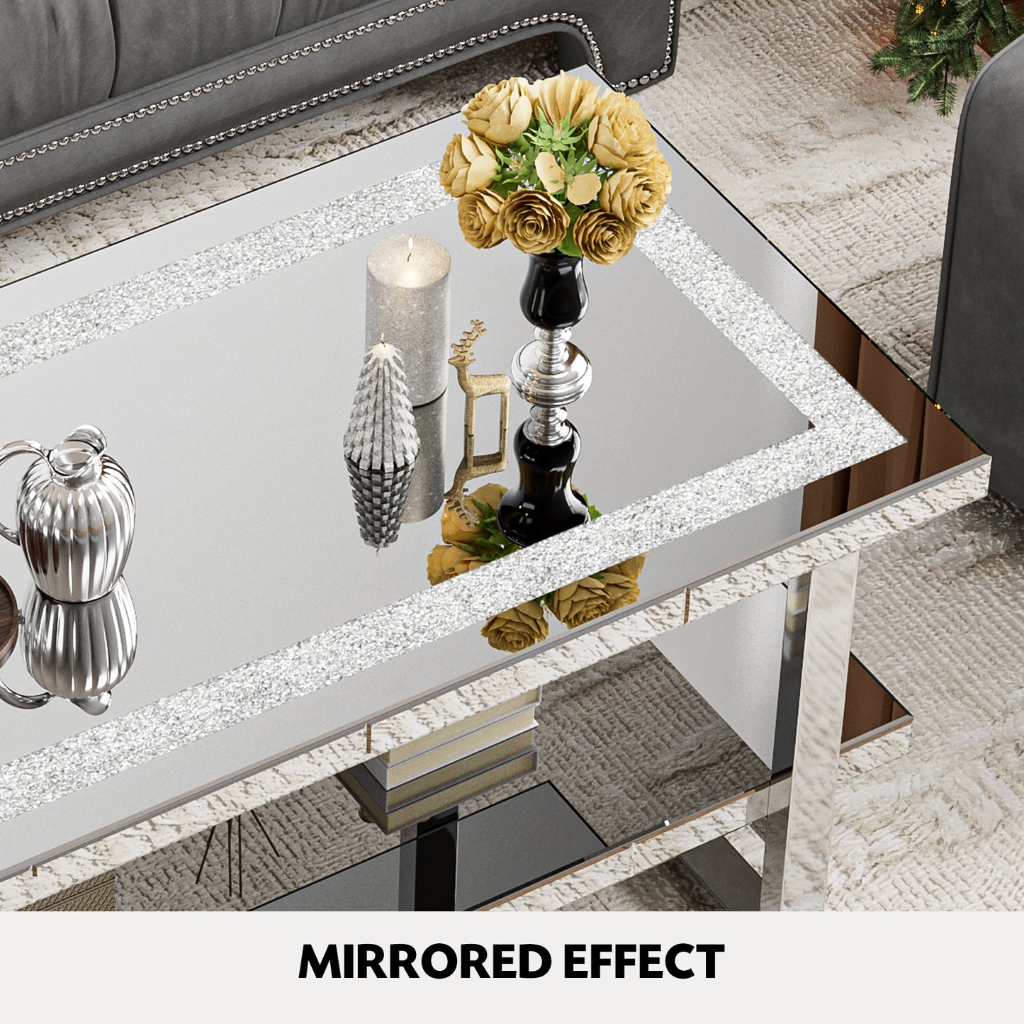 Rectangle Mirrored Coffee Table 2-Tier with Crushed Diamond