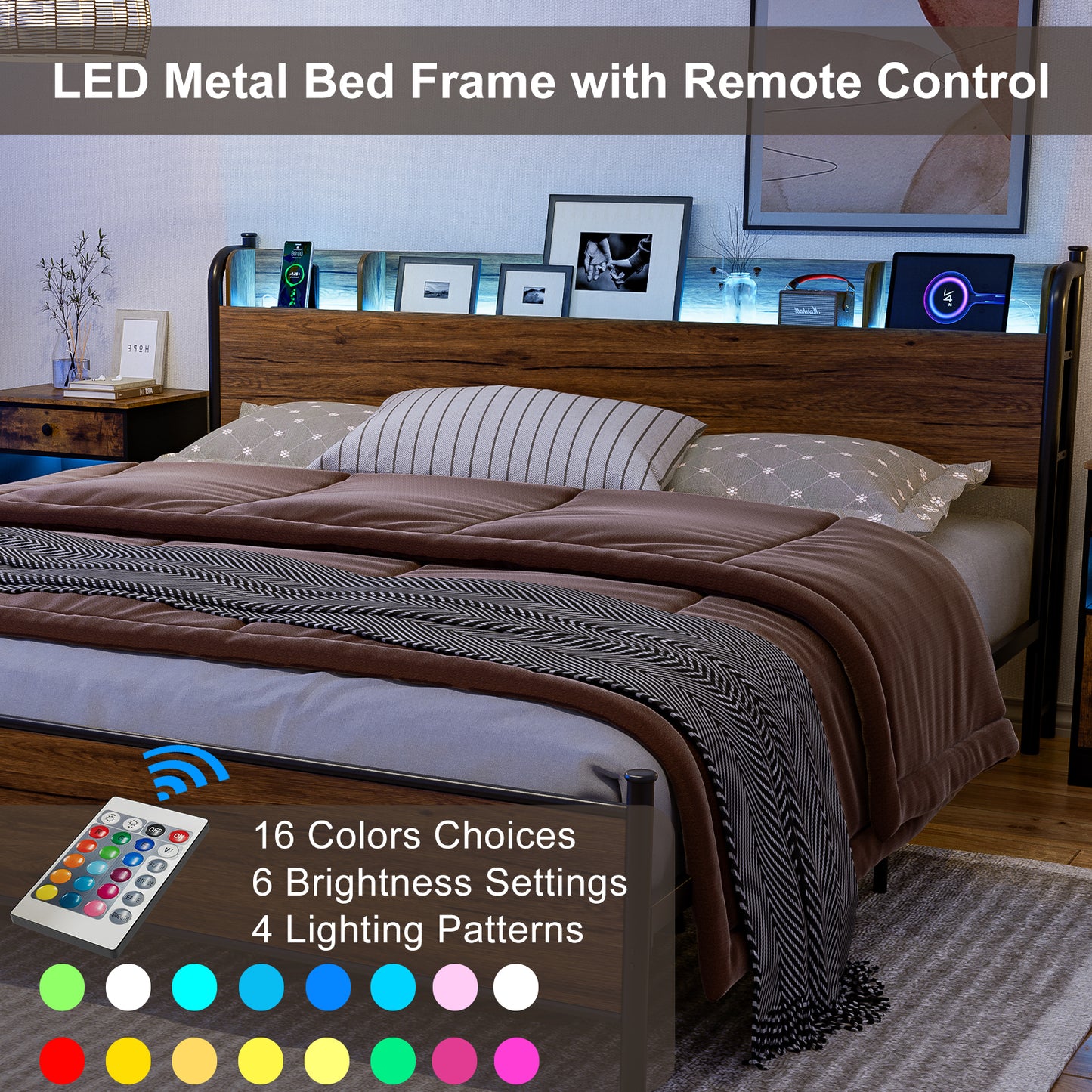 LED Bed Frame with Storage Shelf Headboard & Charging Station with Strong Steel Slats No Box Spring