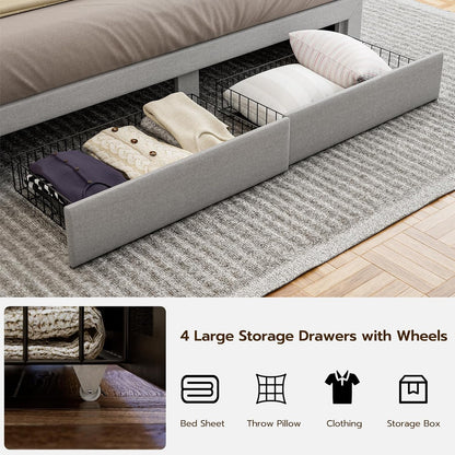 LED Bed Frame with 4 Storage Drawers, Hidden Storage Headboard with Charging Station No Box Spring