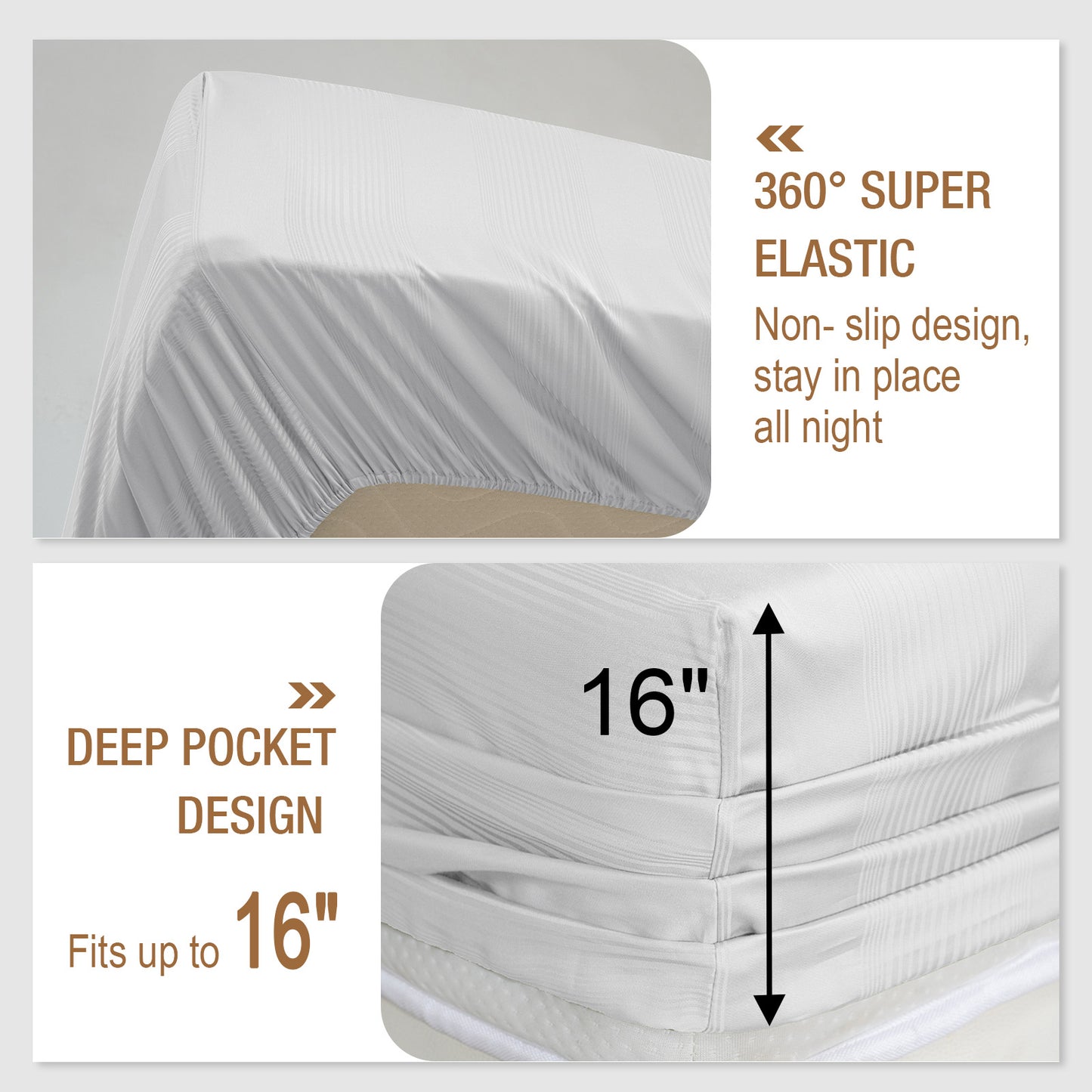 Bed Sheet Set-4 Piece 16” Deep Pocket, Striped Jacquard Ultra Soft Breathable Silky Bedding Sheets & Pillowcases-White
