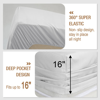 Bed Sheet Set-4 Piece 16” Deep Pocket, Striped Jacquard Ultra Soft Breathable Silky Bedding Sheets & Pillowcases-White