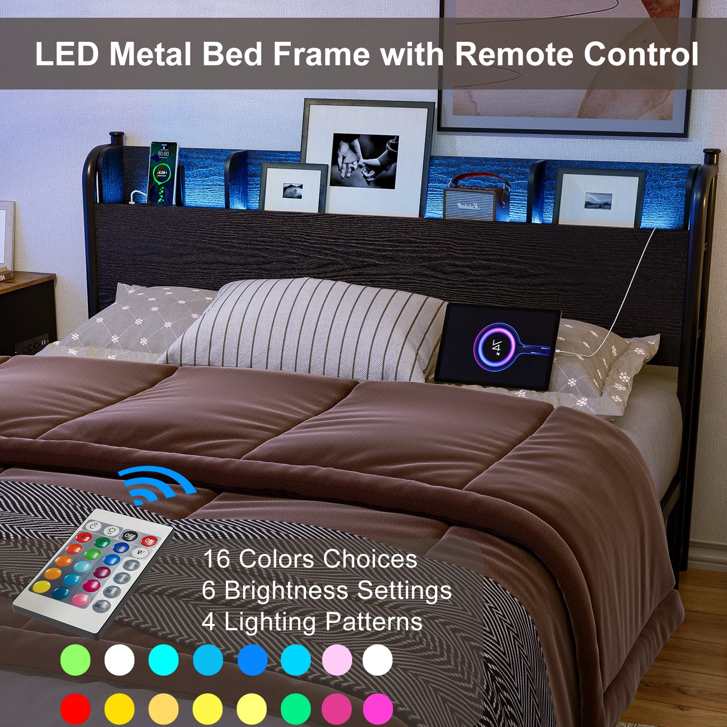 LED Bed Frame with Storage Shelf Headboard & Charging Station with Strong Steel Slats No Box Spring