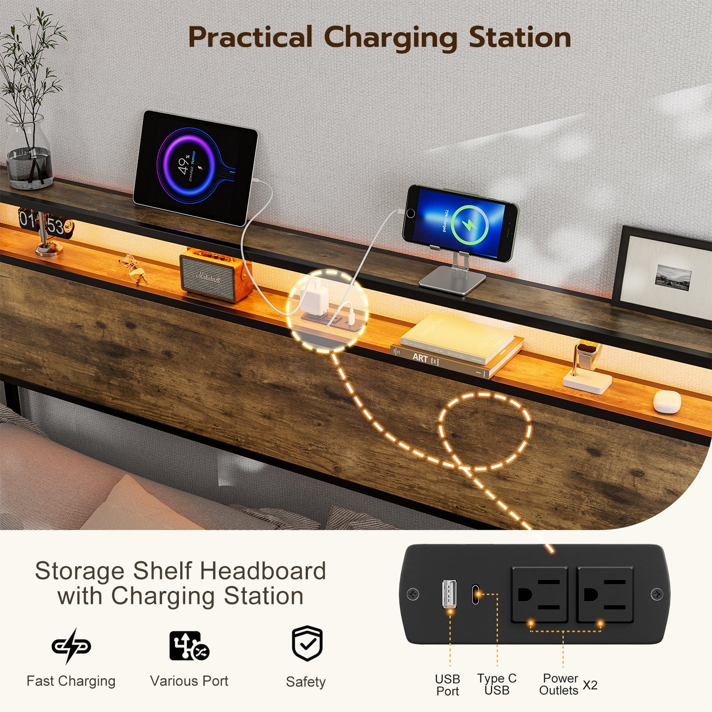 Metal Storage Headboard With RGB LED Light & Charging Station