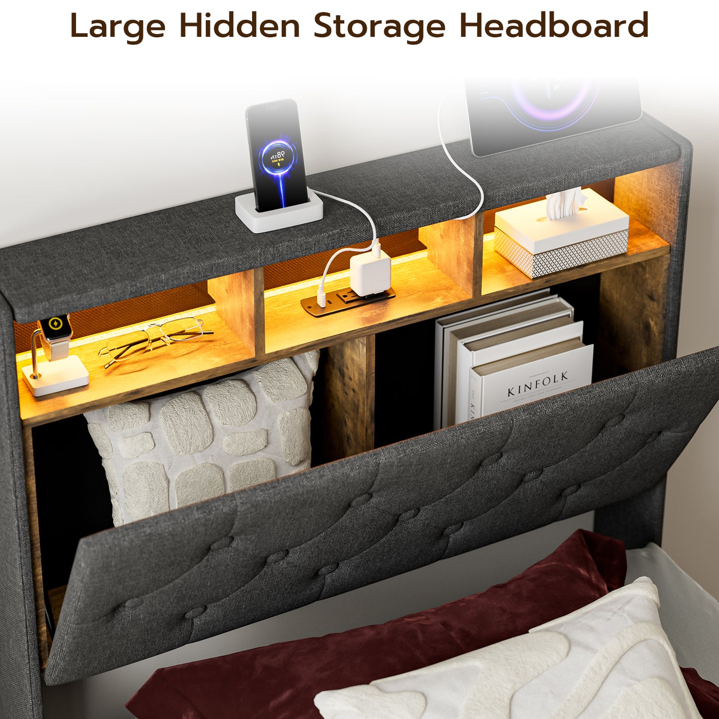 Twin XL Bed Frames with Hidden Storage Headboard & 3 Drawers & LED Lights & Charging Station