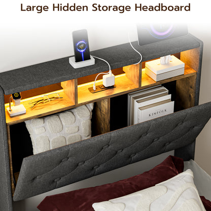 Twin XL Bed Frames with Hidden Storage Headboard & 3 Drawers & LED Lights & Charging Station