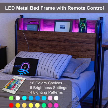 LED Bed Frame with Storage Shelf Headboard & Charging Station with Strong Steel Slats No Box Spring