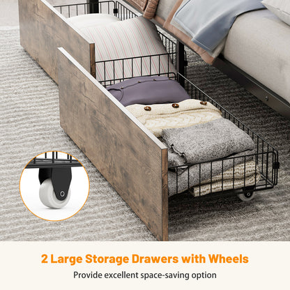Bunk Beds with 2 Storage Drawers, Metal Full Size Bunk Bed with LED Lights and Charging Station, Safety Guardrail