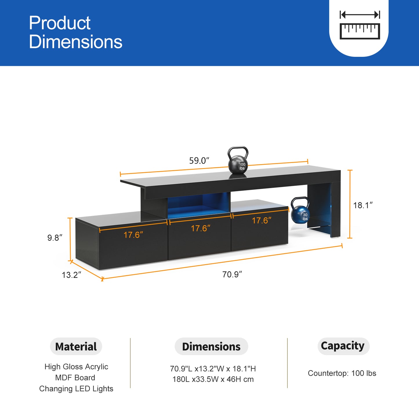 LED TV Stand for 75+ inch TV, Entertainment Center w/Colors Lights & 3 Storage Cabinets
