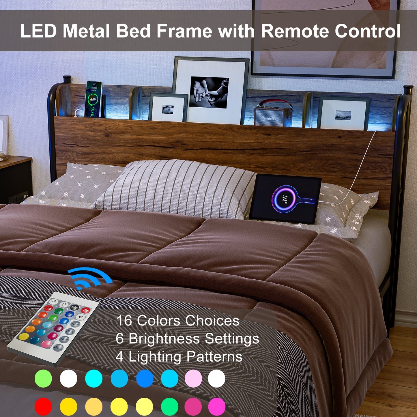 LED Bed Frame with Storage Shelf Headboard & Charging Station with Strong Steel Slats No Box Spring