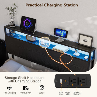Metal Storage Headboard With RGB LED Light & Charging Station