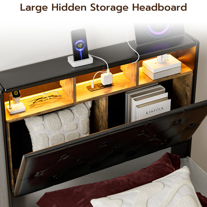 Twin XL Bed Frames with Hidden Storage Headboard & 3 Drawers & LED Lights & Charging Station