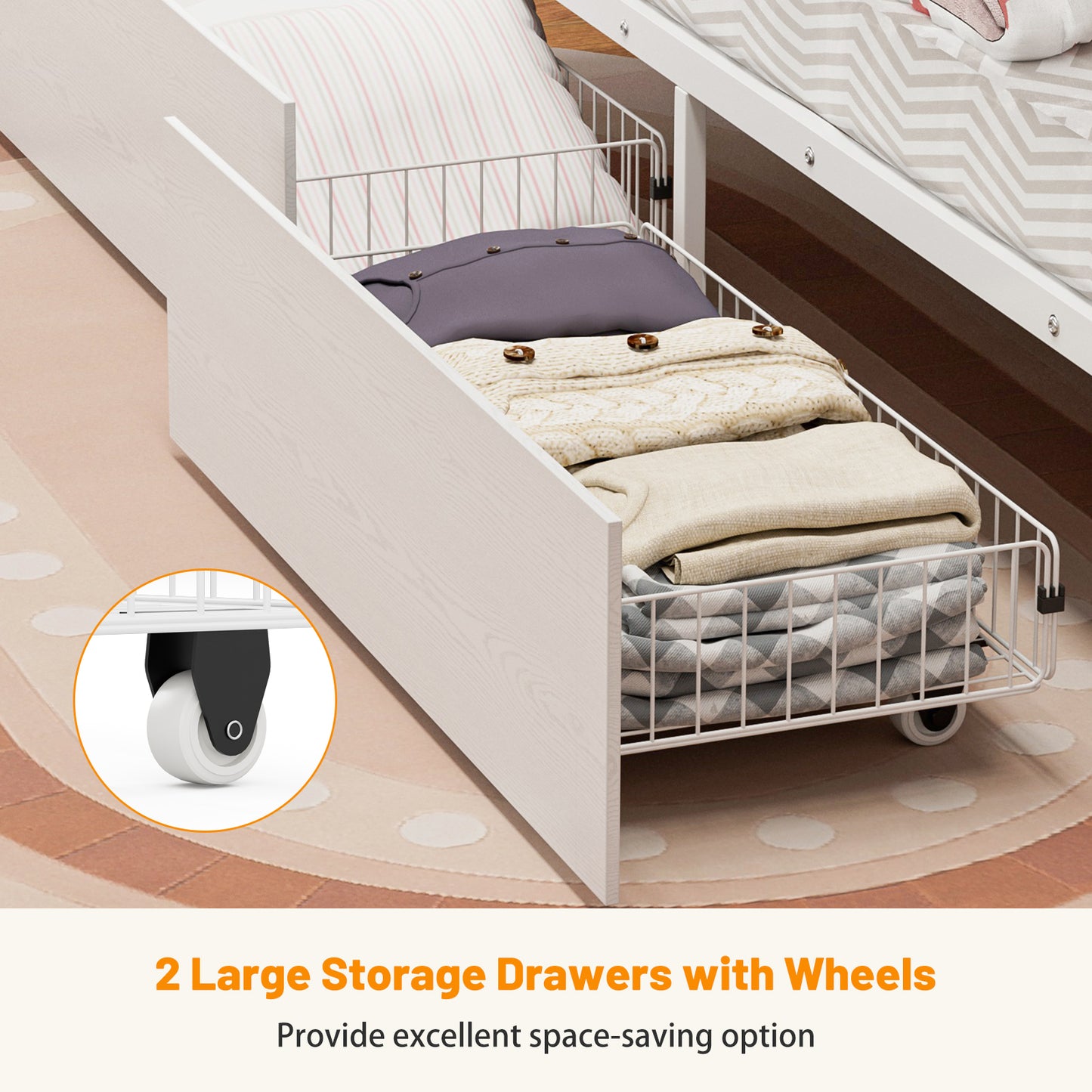 Bunk Beds with 2 Storage Drawers, Metal Full Size Bunk Bed with LED Lights and Charging Station, Safety Guardrail