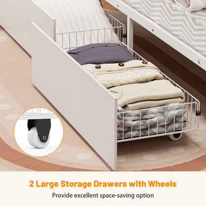 Bunk Beds with 2 Storage Drawers, Metal Full Size Bunk Bed with LED Lights and Charging Station, Safety Guardrail