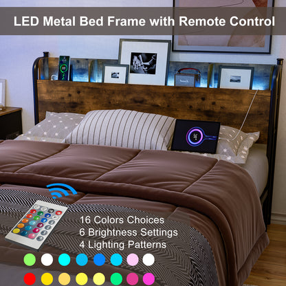LED Bed Frame with Storage Shelf Headboard & Charging Station with Strong Steel Slats No Box Spring