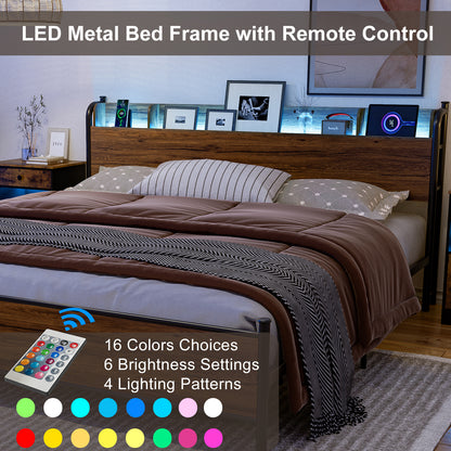LED Bed Frame with Storage Shelf Headboard & Charging Station with Strong Steel Slats No Box Spring