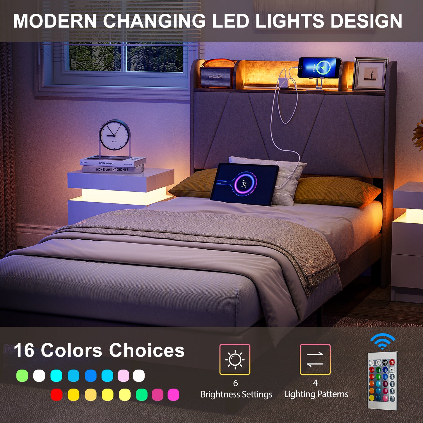 LED Bed Frame with Charging Station & Storage Shelf Upholstered Headboard,No Box Spring Needed