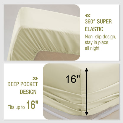 Bed Sheet Set-4 Piece 16” Deep Pocket, Ultra Soft Breathable Silky Bedding Sheets & Pillowcases-Beige