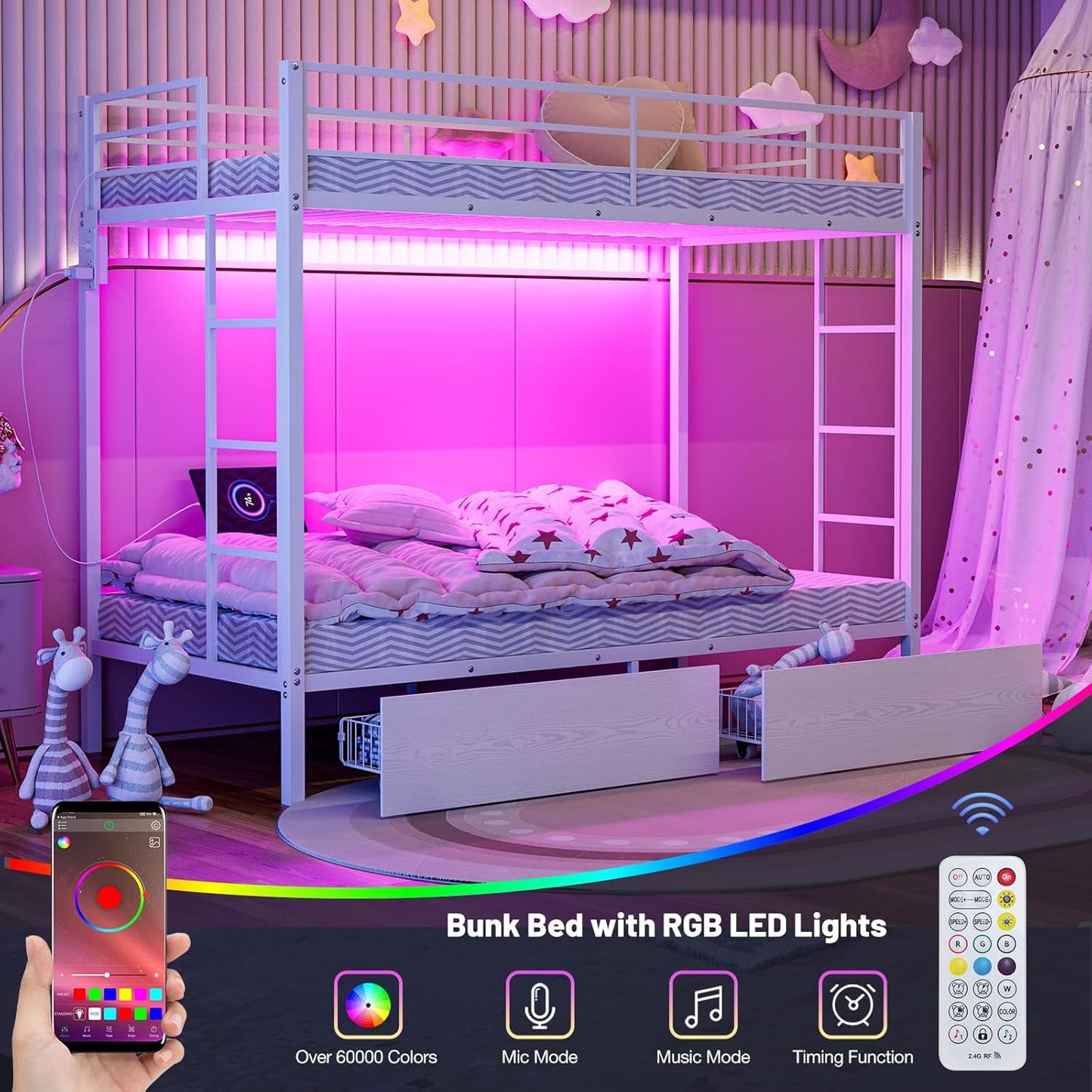 ARICOEASY Twin XL Over Twin XL Metal Bunk Bed with LED Lights & Charging Station, Heavy Duty Bunk Bed Frame with 2 Storage Drawers, Safety Guardrails, Dual Ladders