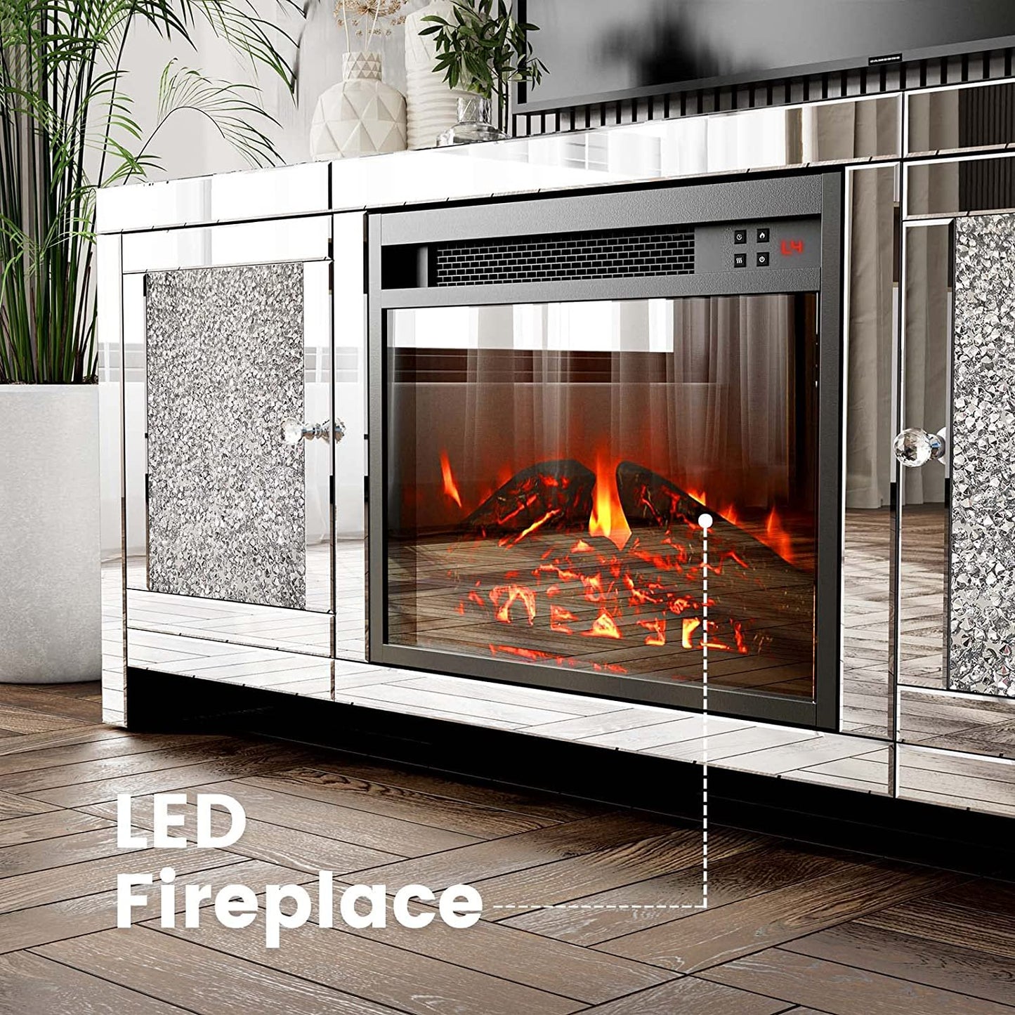 ARICOEASY Mirrored Fireplace TV Stand for TVs up to 55" with LED lights, Modern Entertainment Center for Living Room, Bedroom