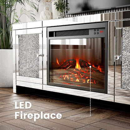 ARICOEASY Mirrored Fireplace TV Stand for TVs up to 55" with LED lights, Modern Entertainment Center for Living Room, Bedroom