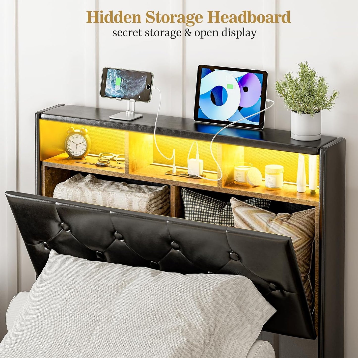 ARICOEASY Twin XL Bed Frames with Hidden Storage Headboard & Drawers, Upholstered Twin XL Platform Bed with LED Lights, Type-C Charging Station, No Box Spring Needed, Solid Wood Slats