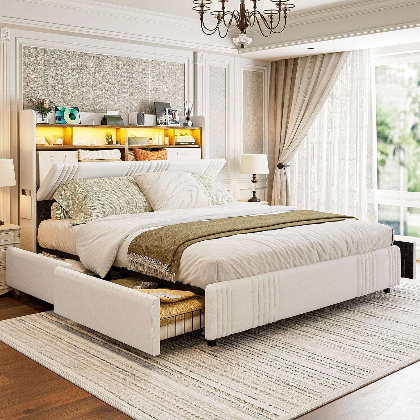 ARICOEASY California King Size Bed Frame with Bookcase Headboard & 2 Drawers Cal King Upholstered Platform Bed with LED Lights & Charging Station