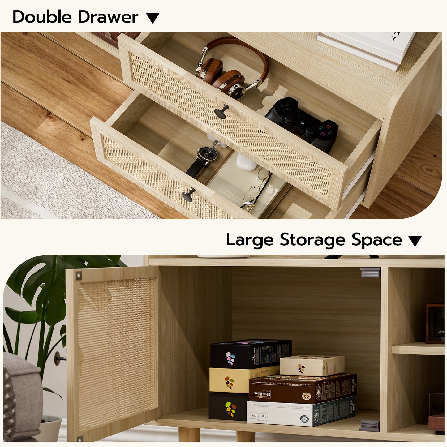 Rattan TV Stand 75 Inch TV with 2 Natural Rattan Drawers