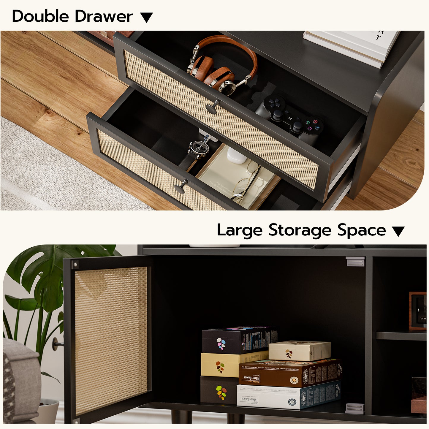 Rattan TV Stand 75 Inch TV with 2 Natural Rattan Drawers